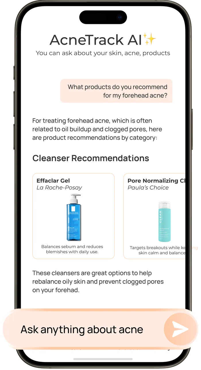 AcneTrack AI skin coach answering a question about a skincare ingredient in chat