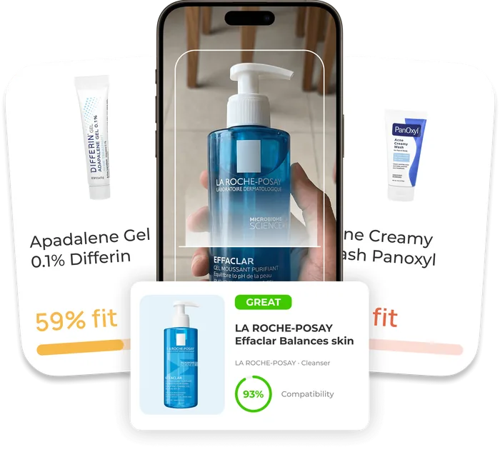 AcneTrack Product Scanner rating a skincare product's compatibility with acne-prone skin