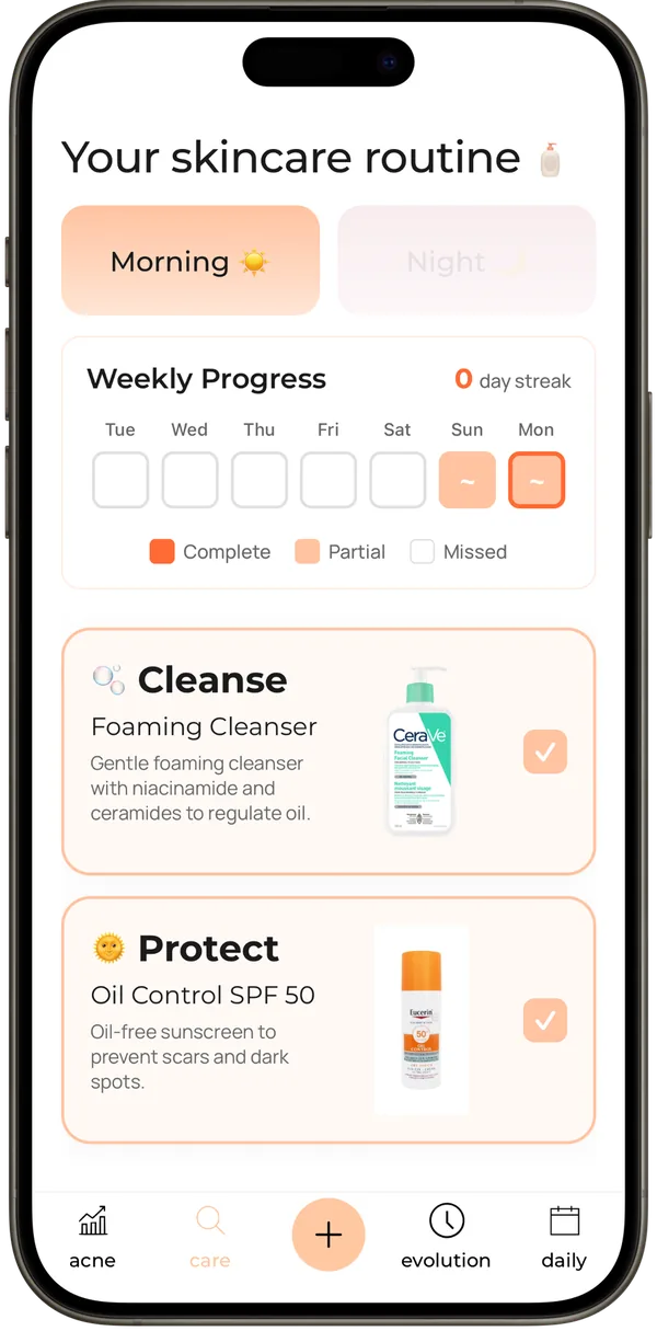 AcneTrack daily skincare routine screen with morning and evening steps to check off